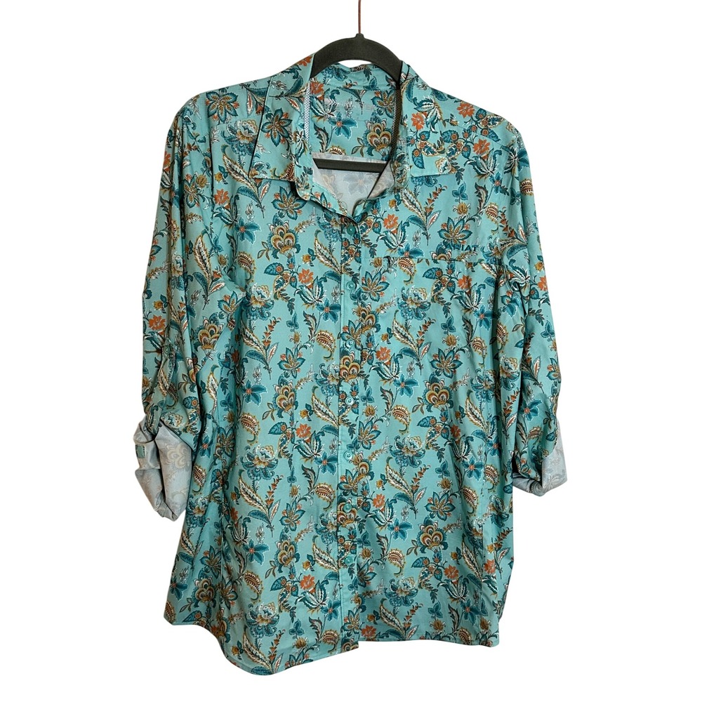 Ariat AriatTEK Button Up Shirt Size L Blue Floral Paisley Roll Tab Sleeve